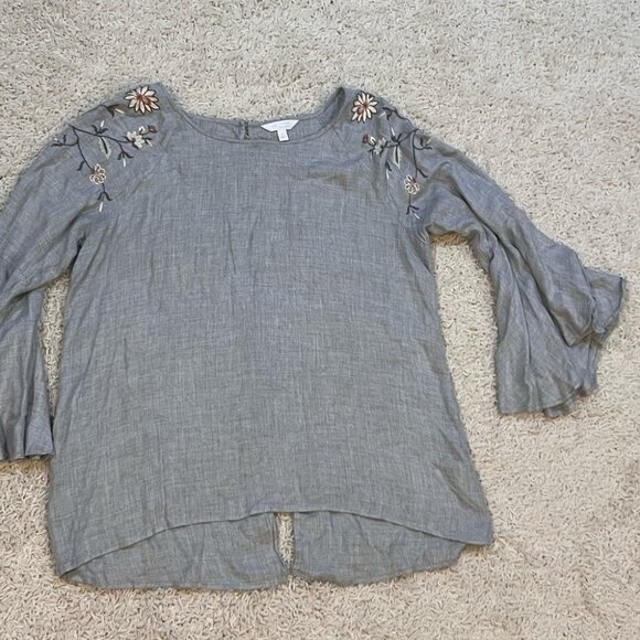 LC Lauren Conrad Womens L Gray Embroidered Boho Peasant Top Bell Sleeve Blouse - Picture 5 of 5